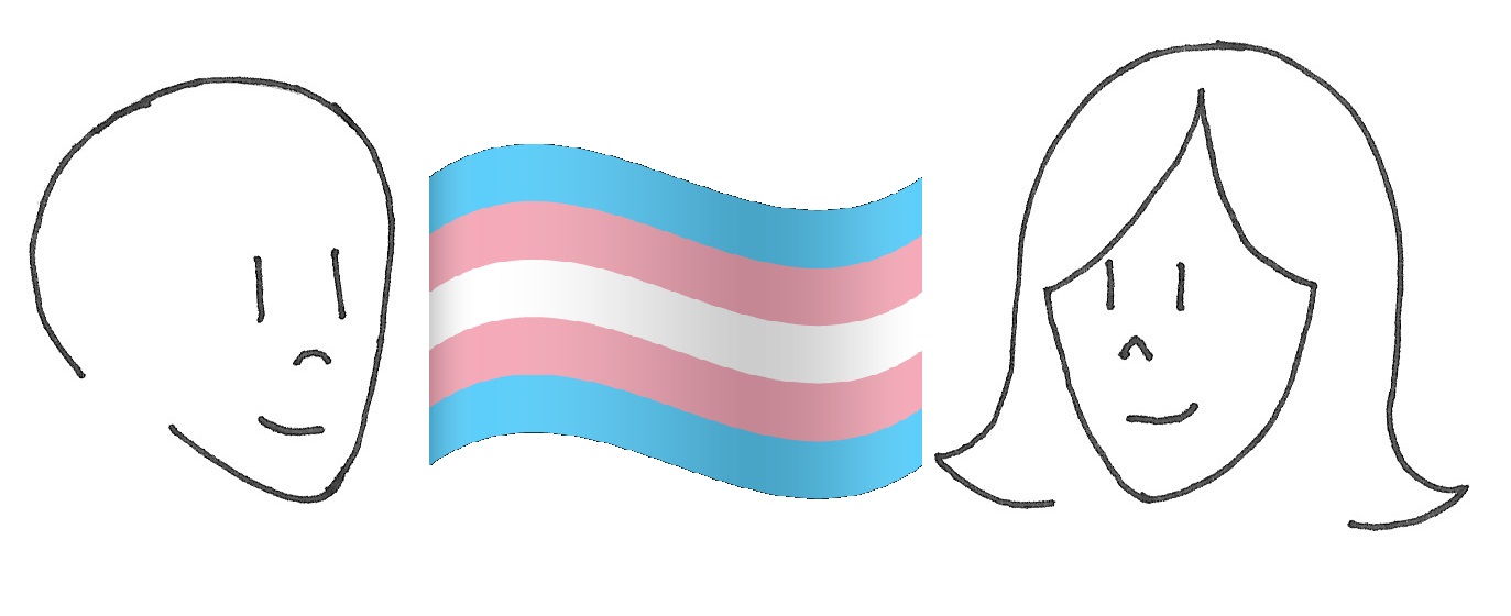 Two people looking at a trans pride flag