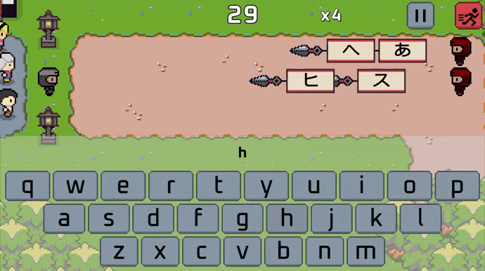 A GIF of the kana identification minigame.  Ninjas throw knives with the kana on them at the player