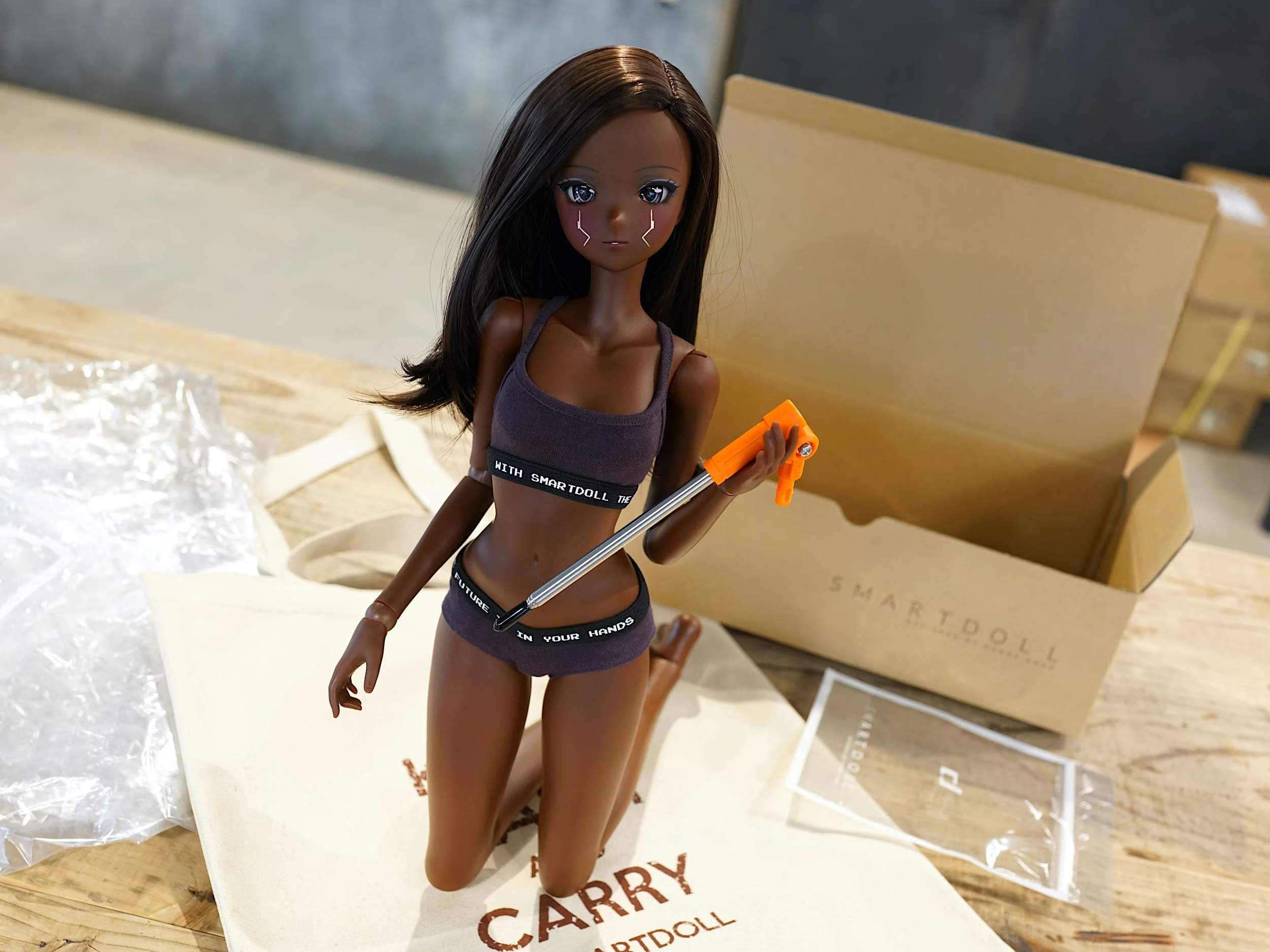 A freshly-arrived Smart Doll holding up its stand.  Image from the official website.