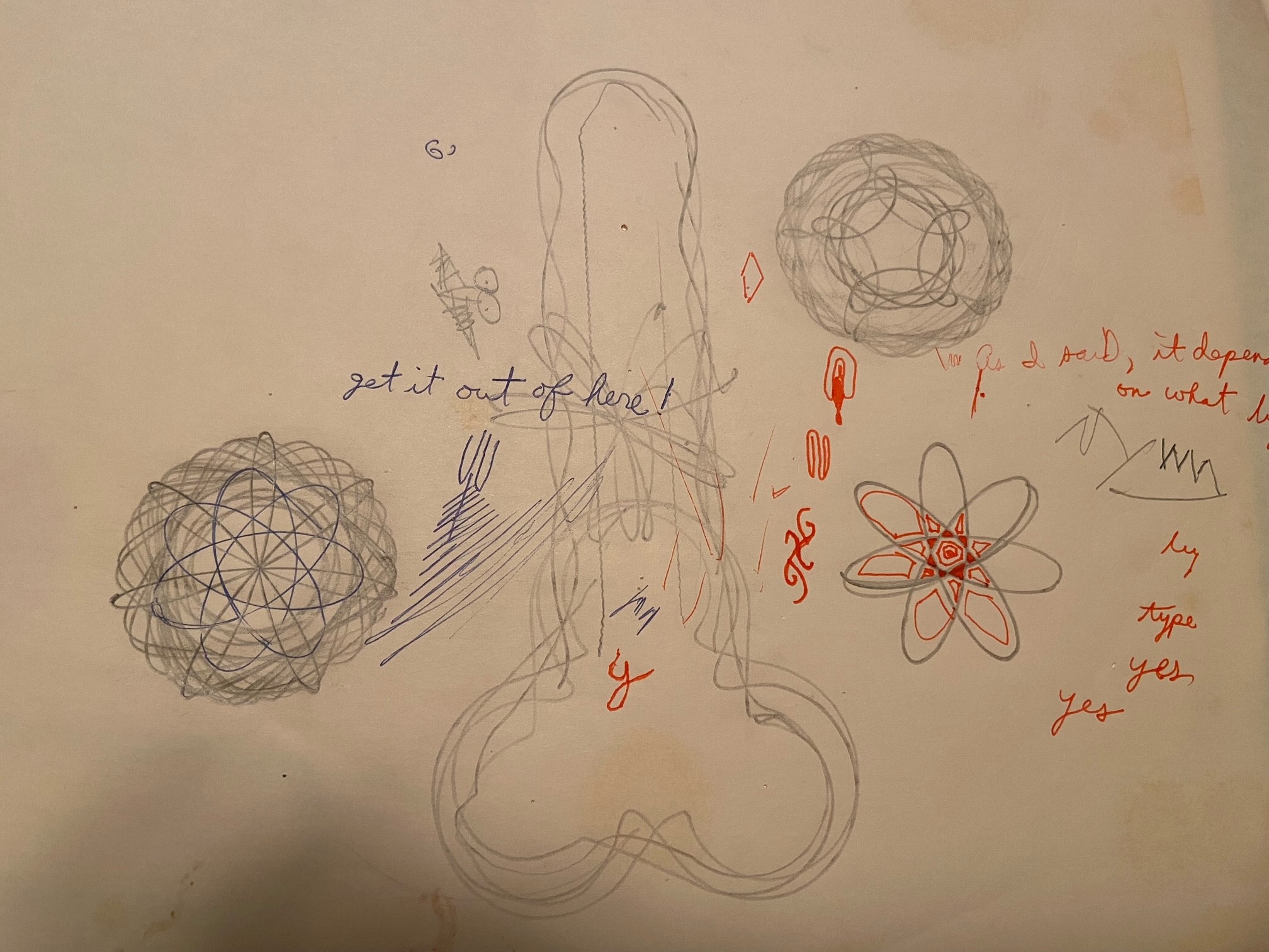 Several spirograph images, including one which was made in the clear shape of a penis.  Over it is scrawled, 'Get it out of here!'